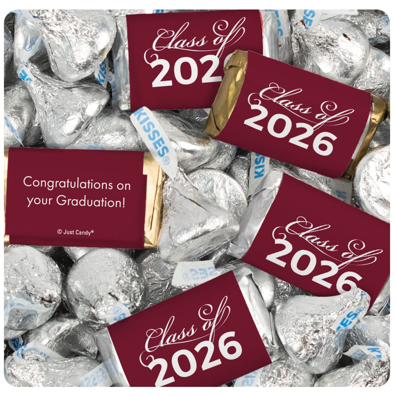 496 Pcs Maroon Graduation Class of 2026 Candy - Maroon Wrapped Miniatures and Silver Kisses For Party Favors, Goodie Bags, Dessert Tables And More (6 lbs)
